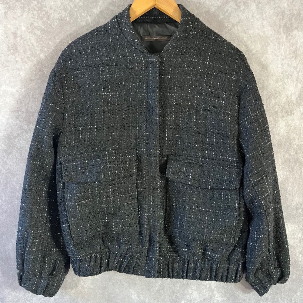 Azel Hazel Haze Black Tweed Bomber Jacket Women Small Windowpane Textured Button